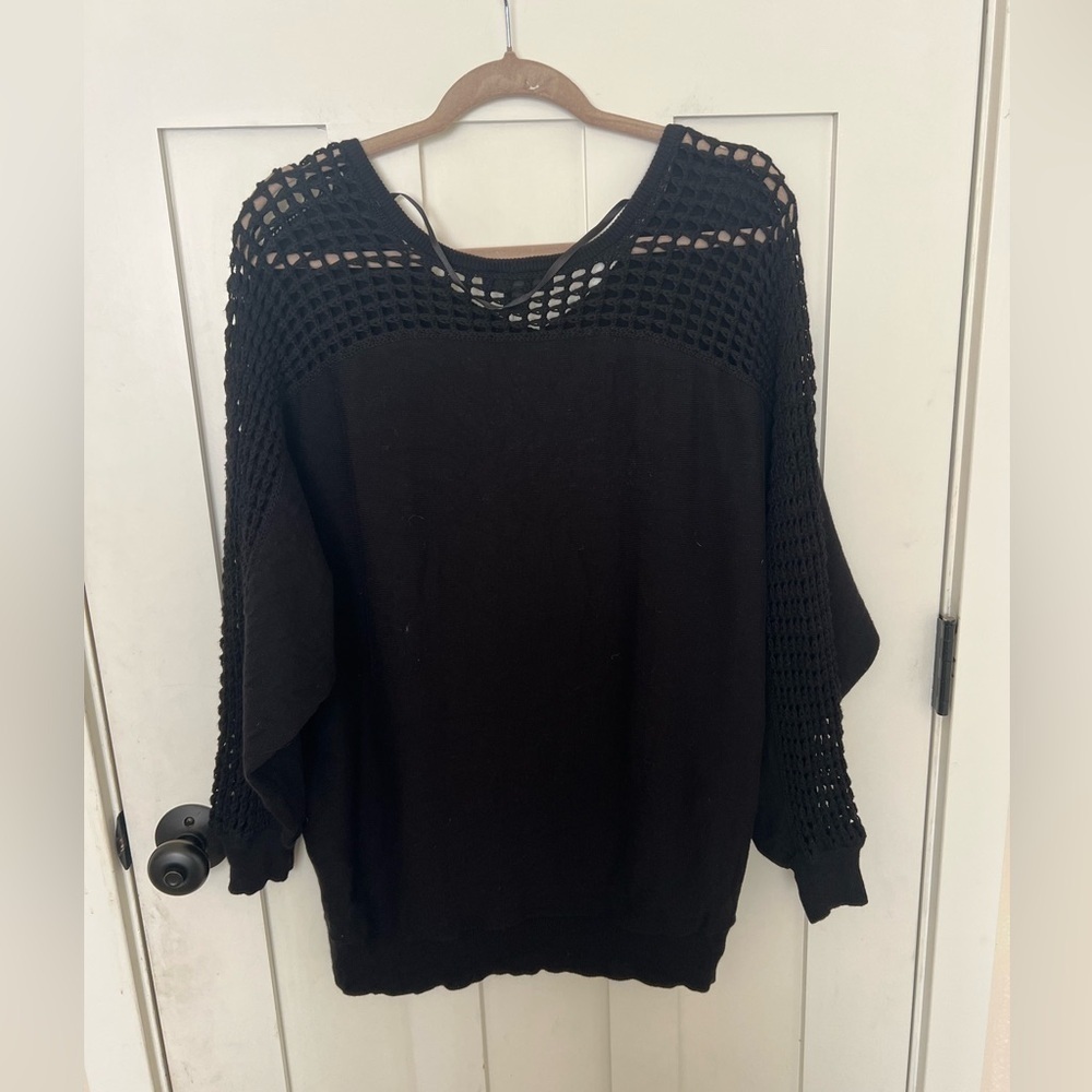 Lane Bryant Plus 18/20 Black Open Crochet Sleeve Knit Pullover Sweater Top NWT